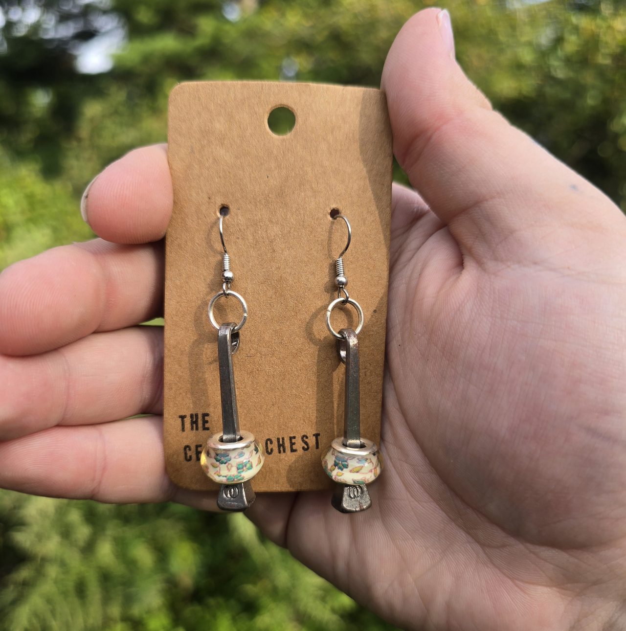 Blue Floral Horseshoe Nail Earrings